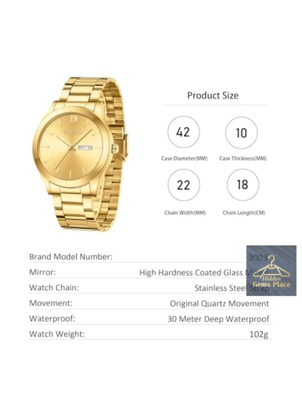 Mens Analog Quartz Watch Stainless Steel Band Water Resistant